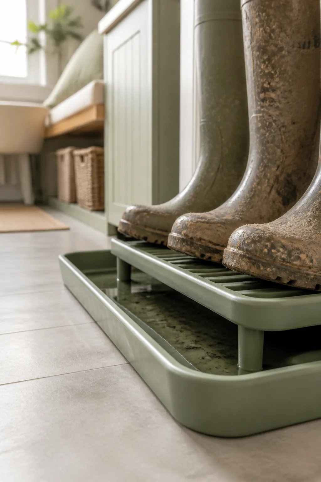 A boot tray with a raised ribbed insert holding two muddy pairs of boots above pooled water