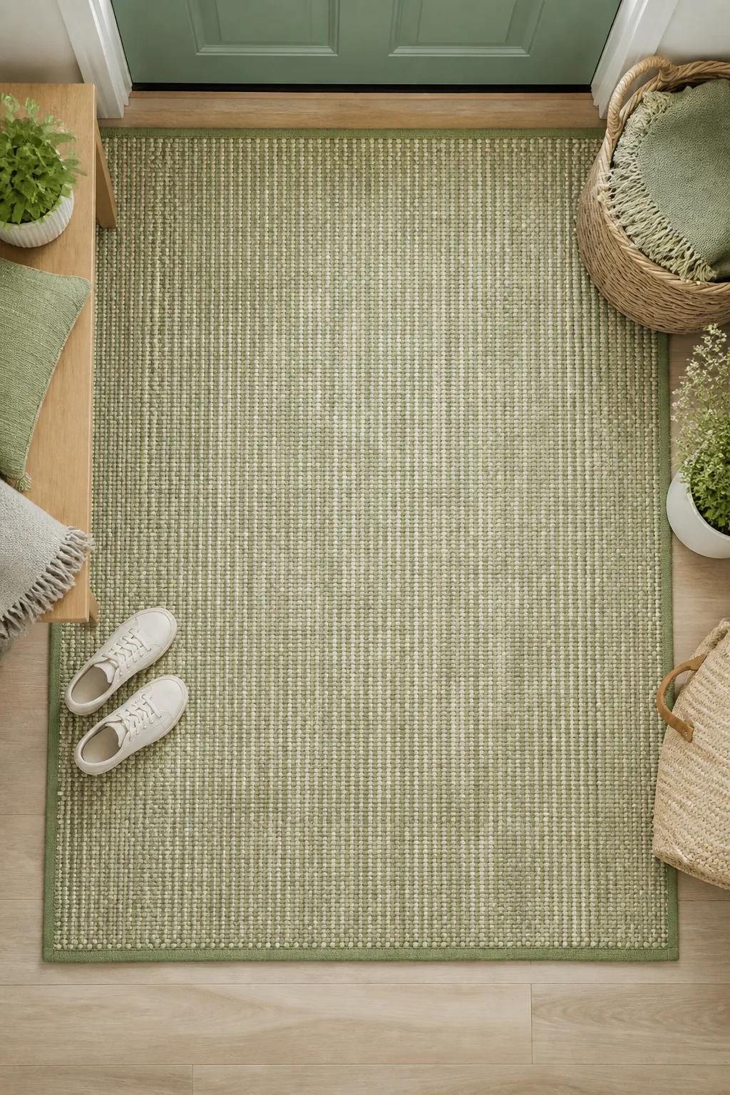 A washable rug spread under a boot tray near a front door, extending past the tray's edges