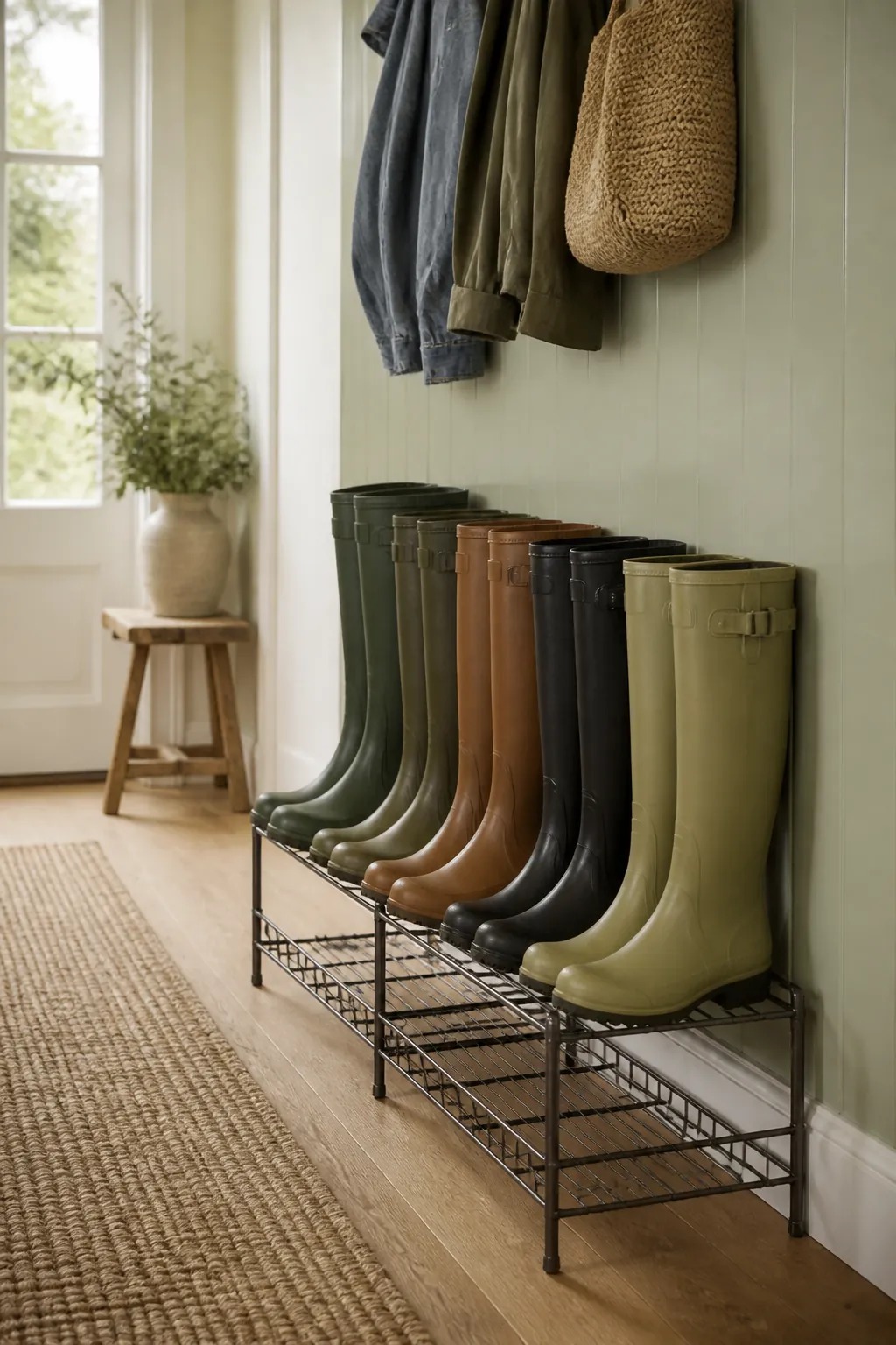A narrow wire shoe rack against a wall holding several pairs of tall rain boots standing upright