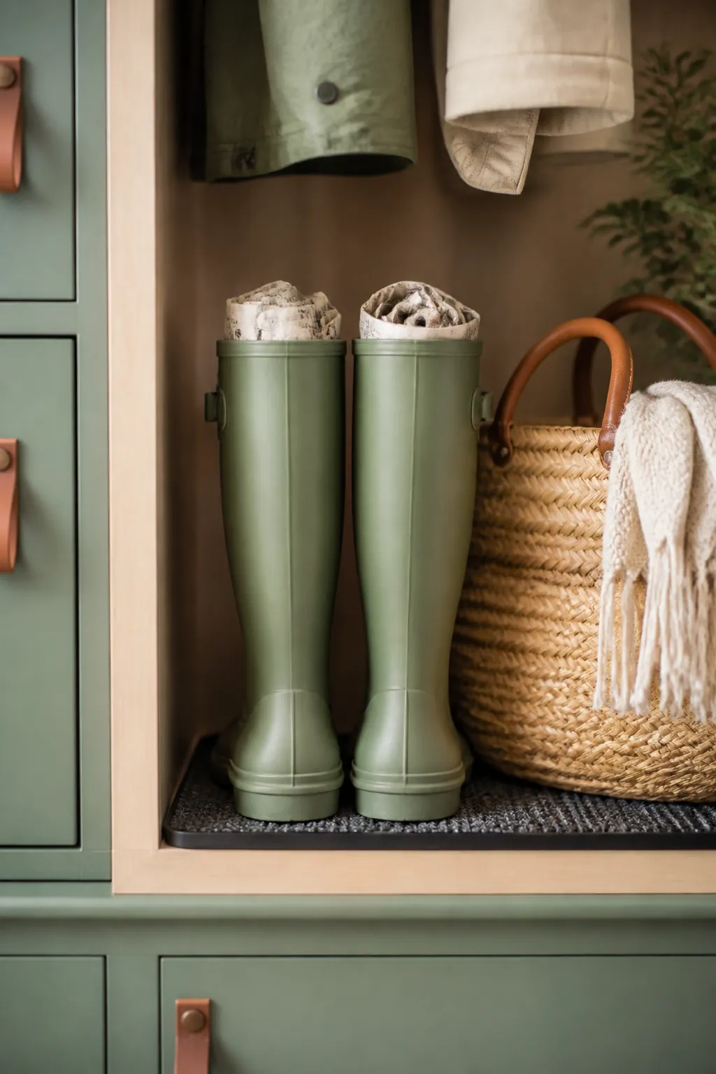 A pair of rain boots standing upright with rolled newspaper stuffed into each shaft to dry