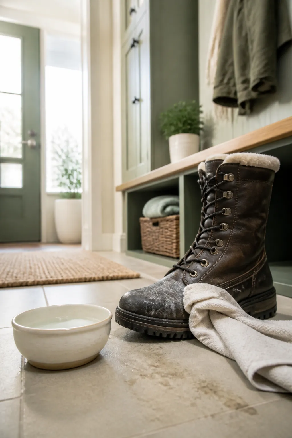 A damp cloth wiping a chalky salt stain off the side of a dark leather winter boot
