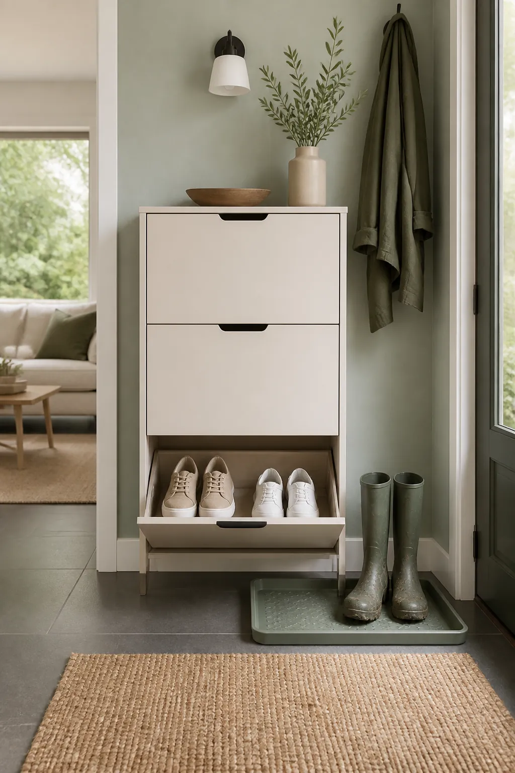 A slim shoe cabinet with one drawer open showing clean sneakers, apart from a muddy boot tray