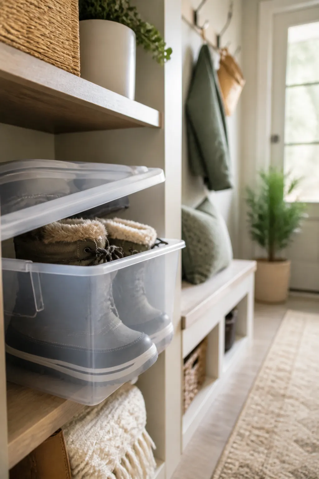 A clear storage bin holding a pair of clean snow boots, lid partly closed, on a closet shelf