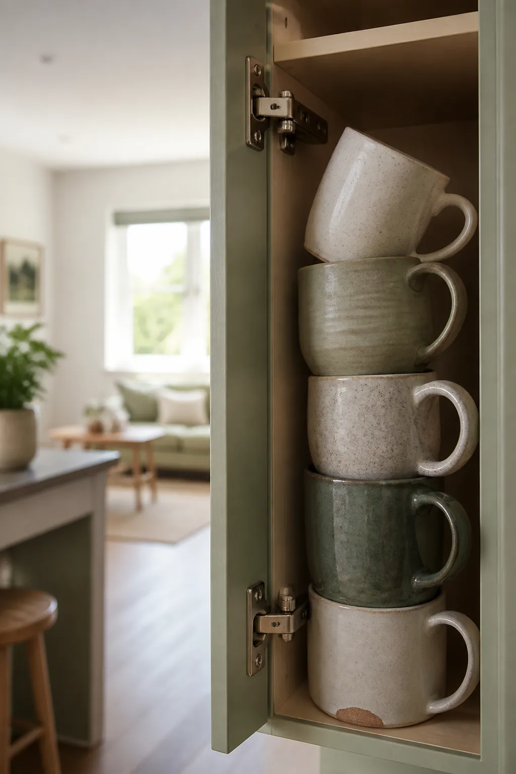 Five ceramic mugs stacked in a narrow cabinet, the top mug leaning and the bottom rim visibly chipped