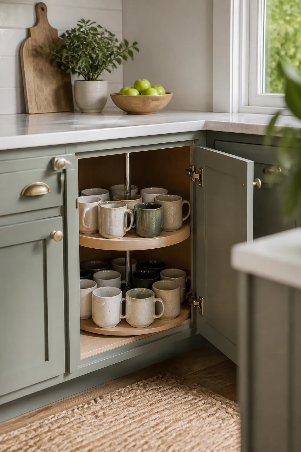 A round turntable organizer loaded with mugs inside a corner kitchen cabinet, spun to bring the back row forward
