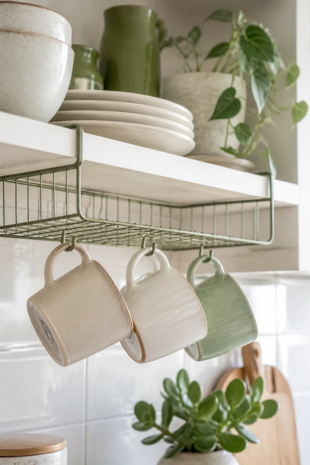 A wire basket clipped beneath a cabinet shelf holding a few mugs by their handles, hanging in the space below