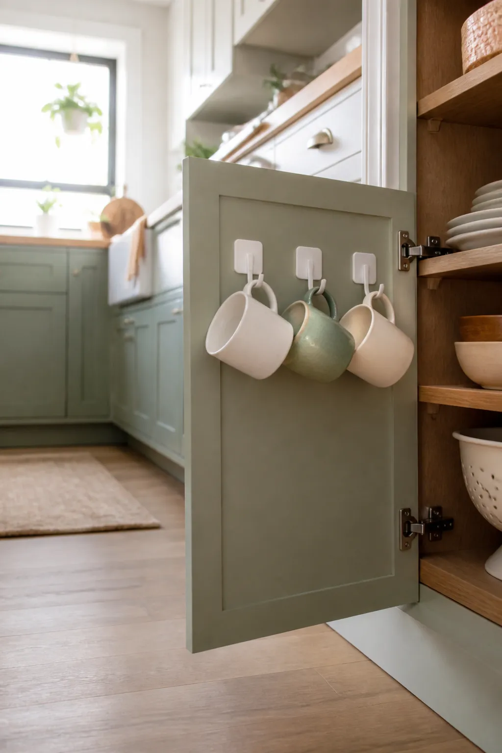 Small adhesive hooks mounted to the inside of a cabinet door with mugs hanging from them by the handle