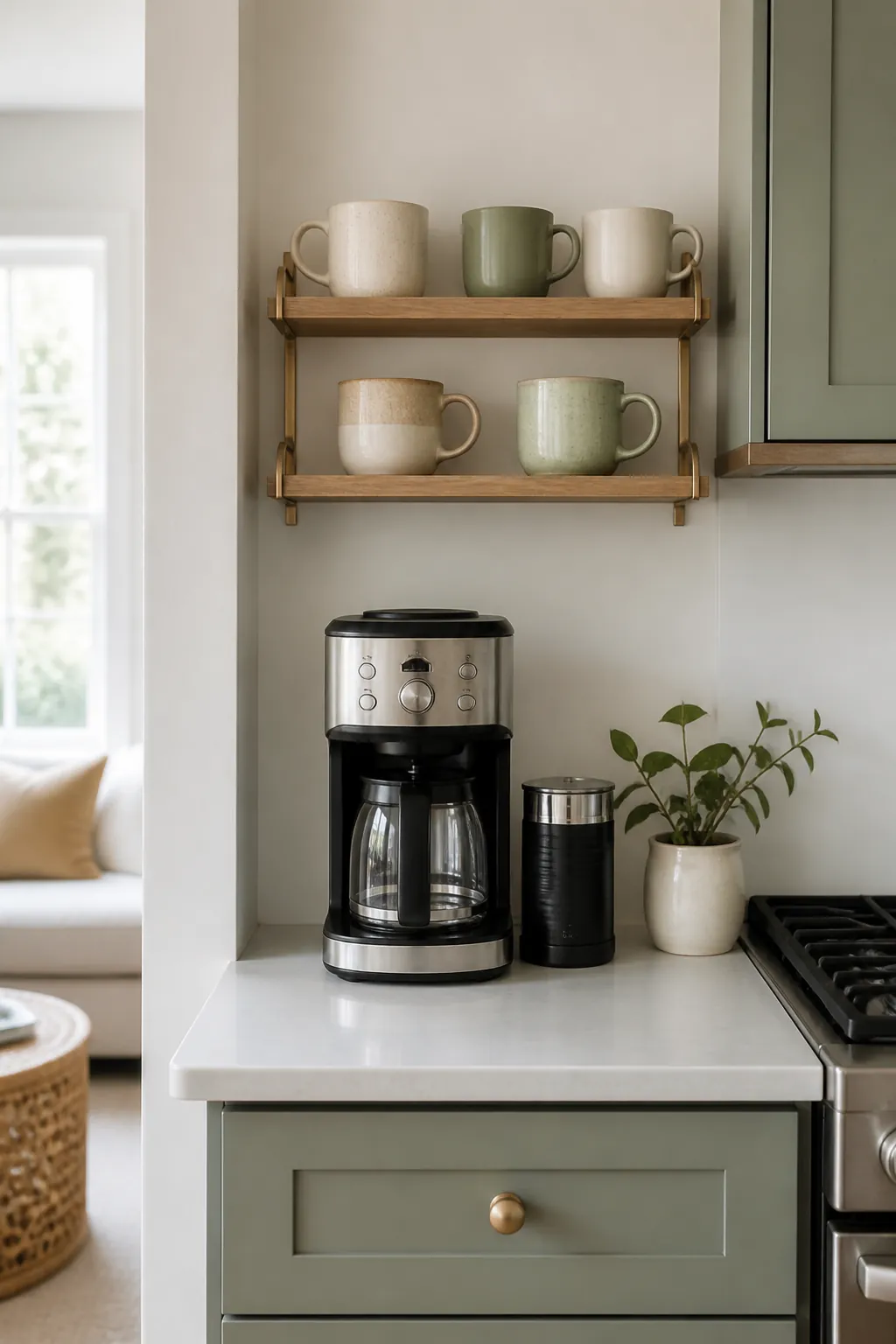 A small open shelf beside a coffee maker holding a handful of daily mugs within arm's reach