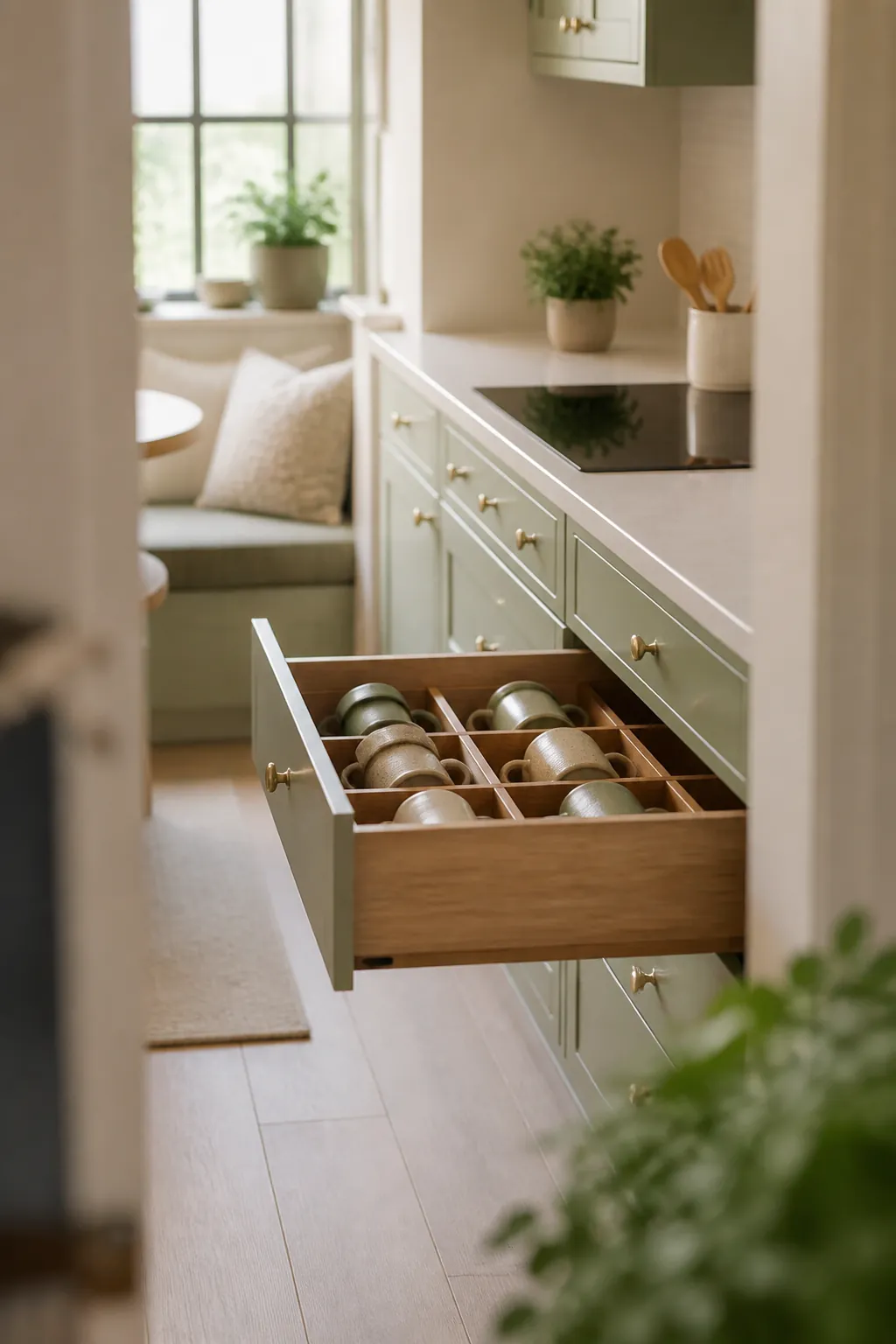 Ceramic mugs lying on their sides in a divided kitchen drawer, nested in separate compartments