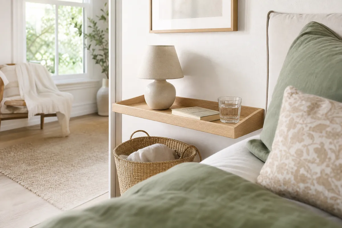 Slim oak floating shelf with a lip mounted at mattress height, one of the best nightstand alternatives for a small bedroom