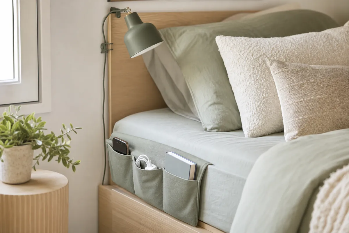 Clip-on bedside caddy hanging from a mattress edge with a phone and book, a no-drill nightstand alternative for a small bedroom