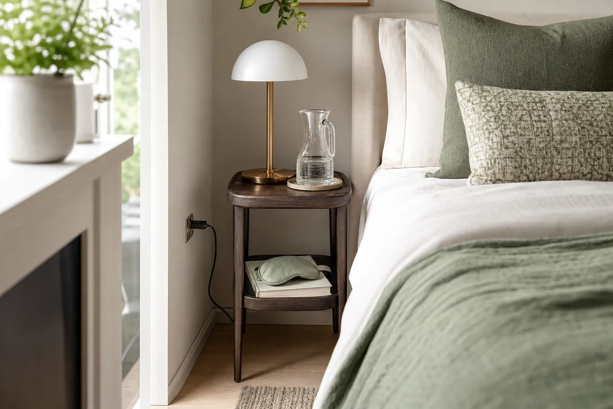 Narrow two-tier side table with charging port beside a bed, a slim nightstand alternative for a small bedroom with little floor space