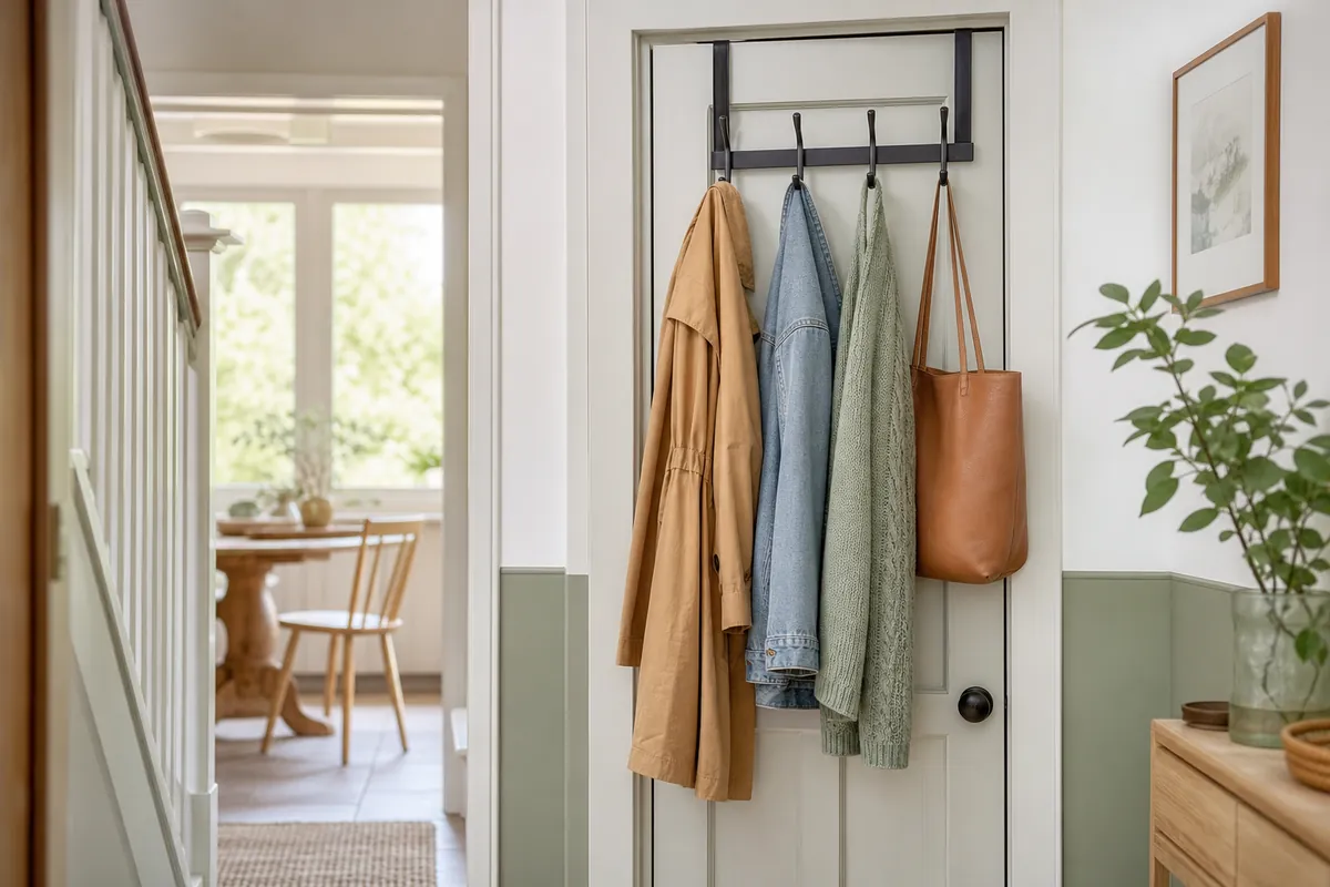 An over-the-door coat rack in a narrow hallway holding coats and a bag without any wall damage