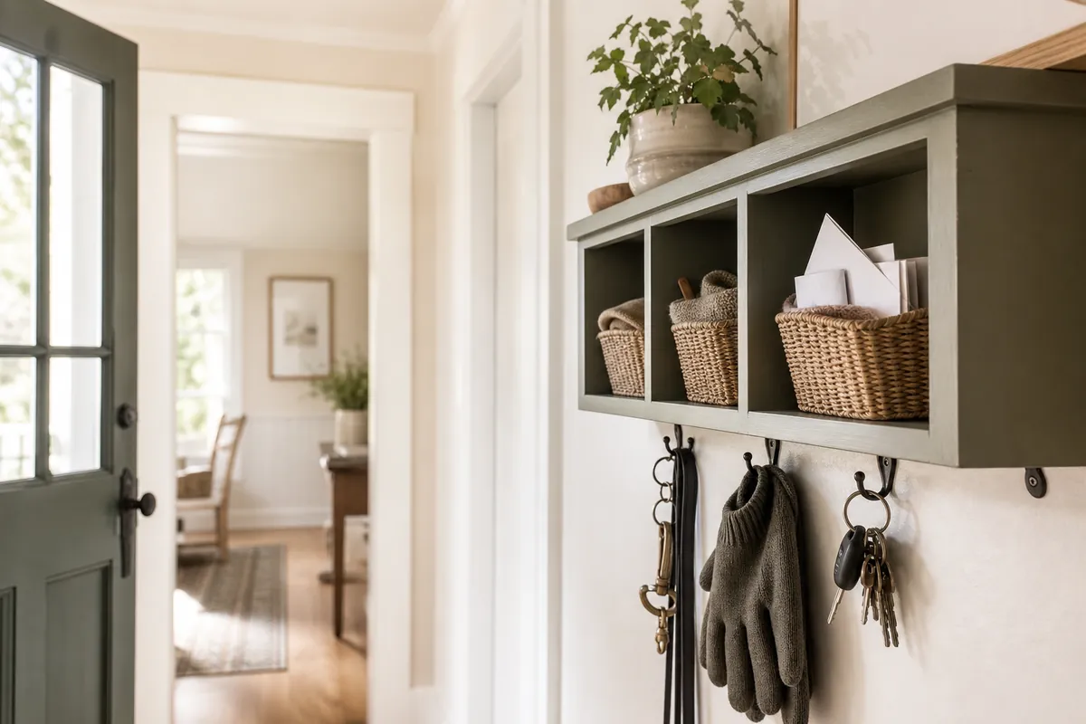 A wall cubby with baskets in a narrow hallway holding keys, post and gloves off the floor