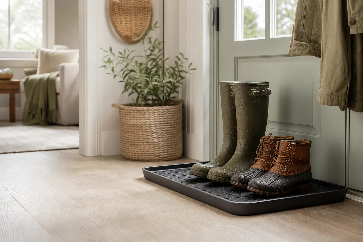 A boot tray beside a hallway door containing wet boots and keeping the surrounding floor clear