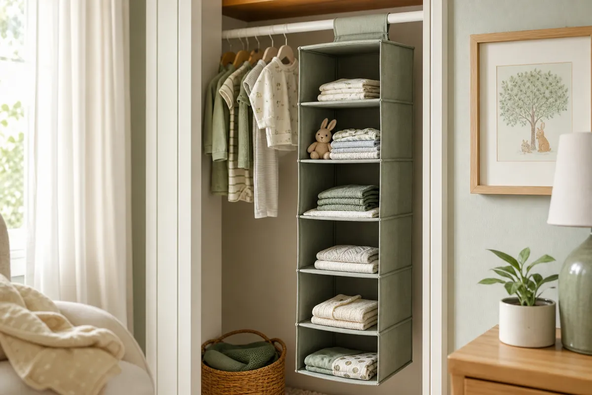 A six shelf fabric hanging organizer suspended from a nursery closet rail, holding folded baby clothes in the space below the hanging garments