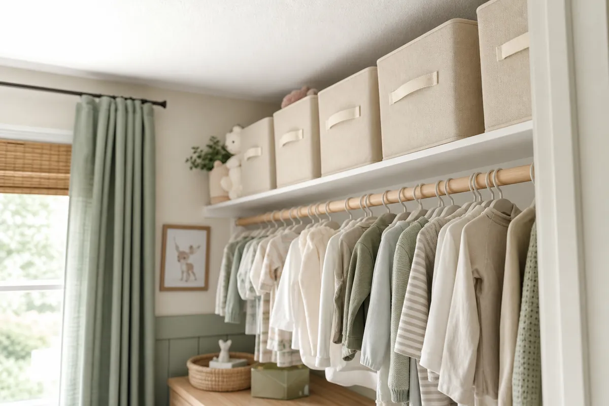 Labelled fabric storage bins with handles lined up on a nursery closet high shelf, holding the next sizes up in clothing