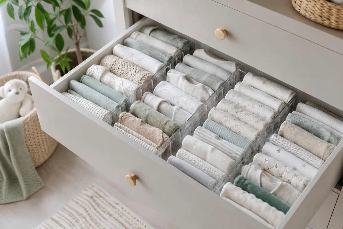 Clear adjustable dividers separating a nursery drawer into sections, with baby clothes folded upright so every item is visible
