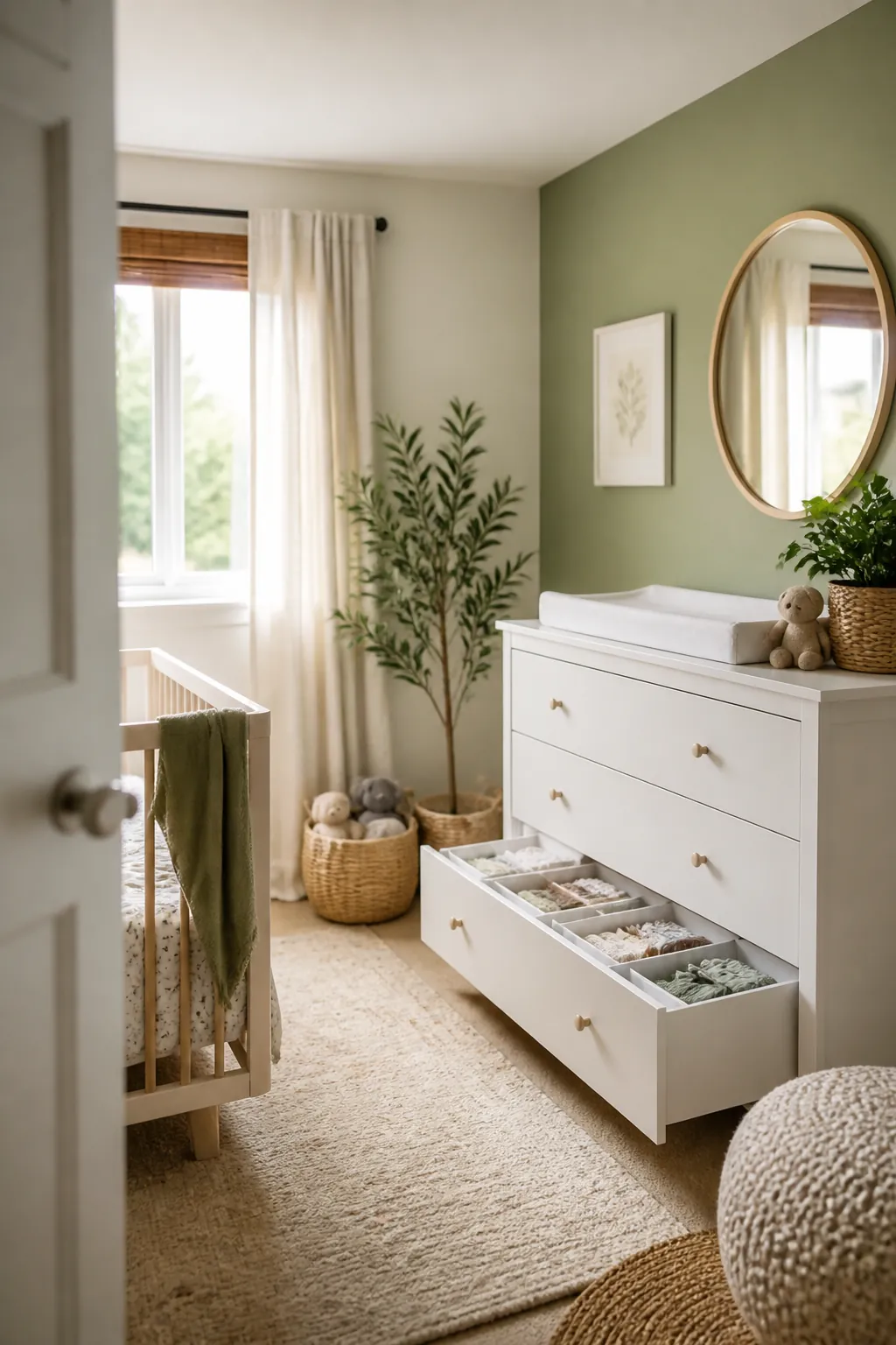 A nursery dresser drawer with dividers holding tiny folded baby clothes upright in sections
