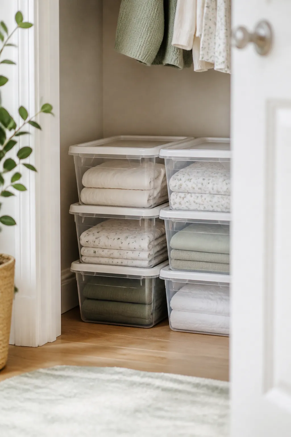 Clear stackable bins on a nursery closet floor holding crib sheets visible through the sides
