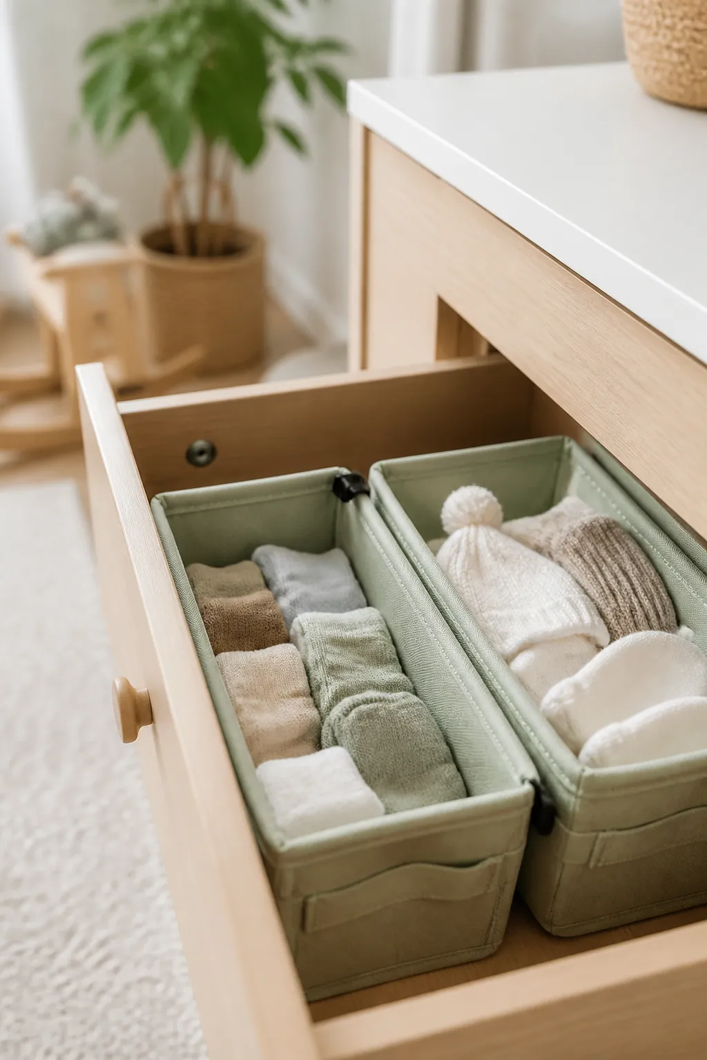 Two small fabric bins in a dresser drawer holding baby socks, mittens and hats separately