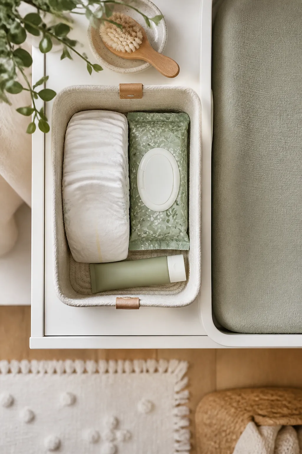 A shallow open bin on a changing table holding diapers, a wipes pack and a tube of cream