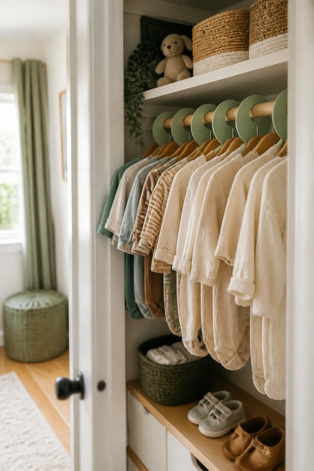A nursery closet rail with hanging size dividers separating tiny garments into labeled sections