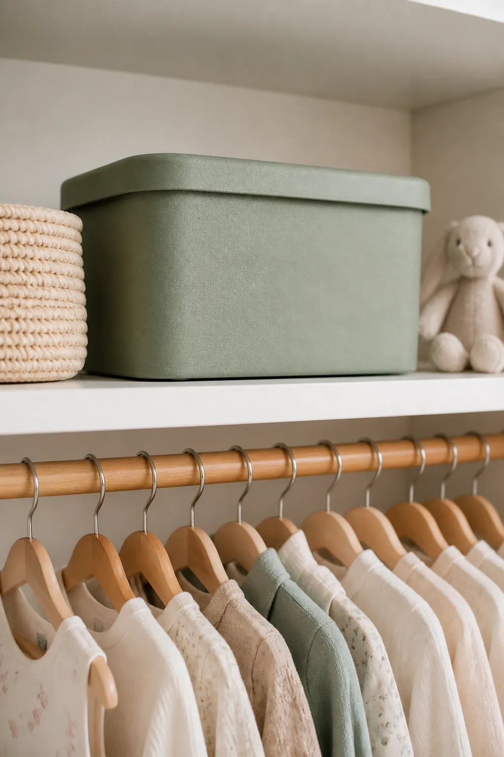 A labeled lidded bin on the top shelf of a nursery closet above hanging baby clothes