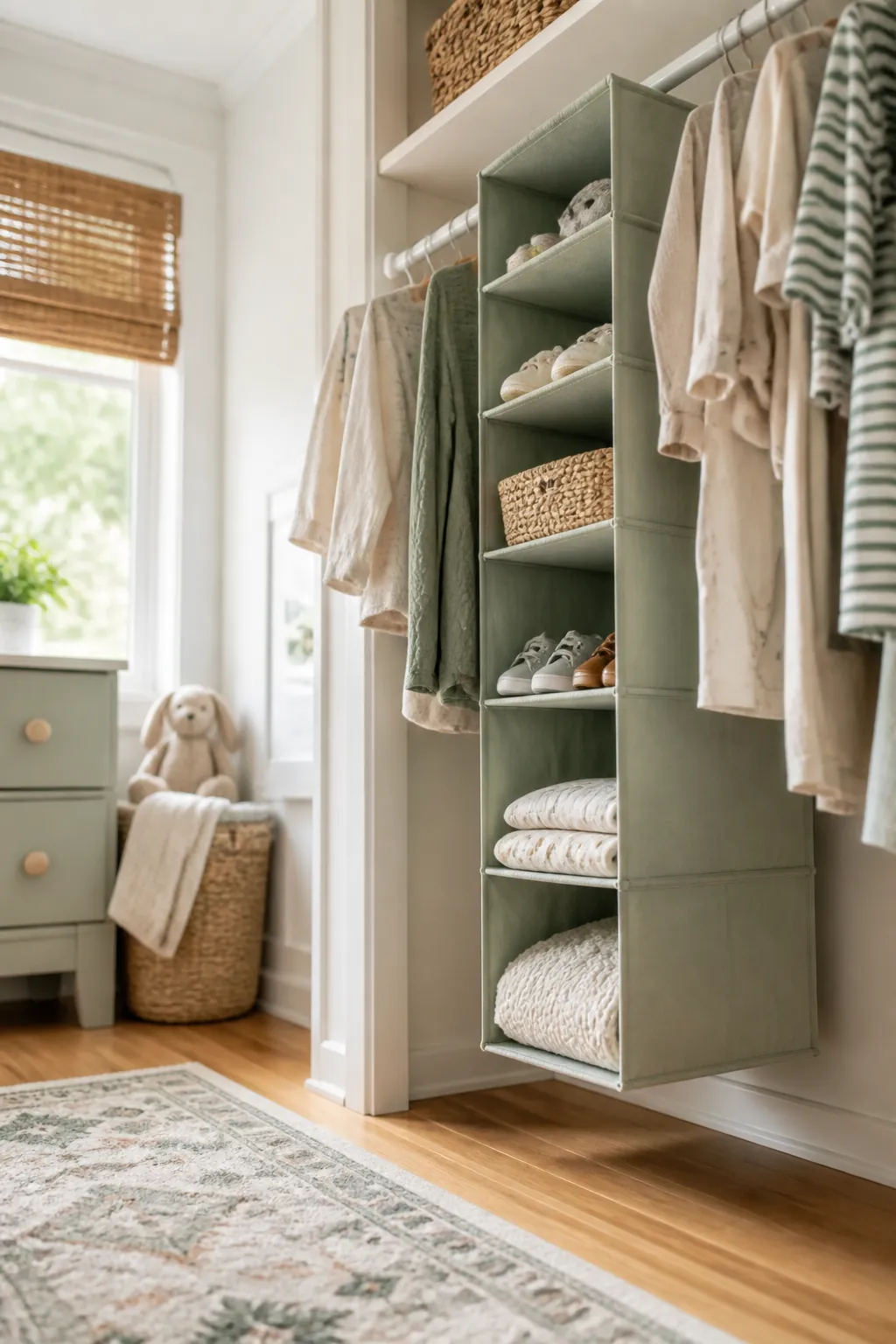 A hanging fabric unit with six cubbies beside baby clothes holding shoes and small gear