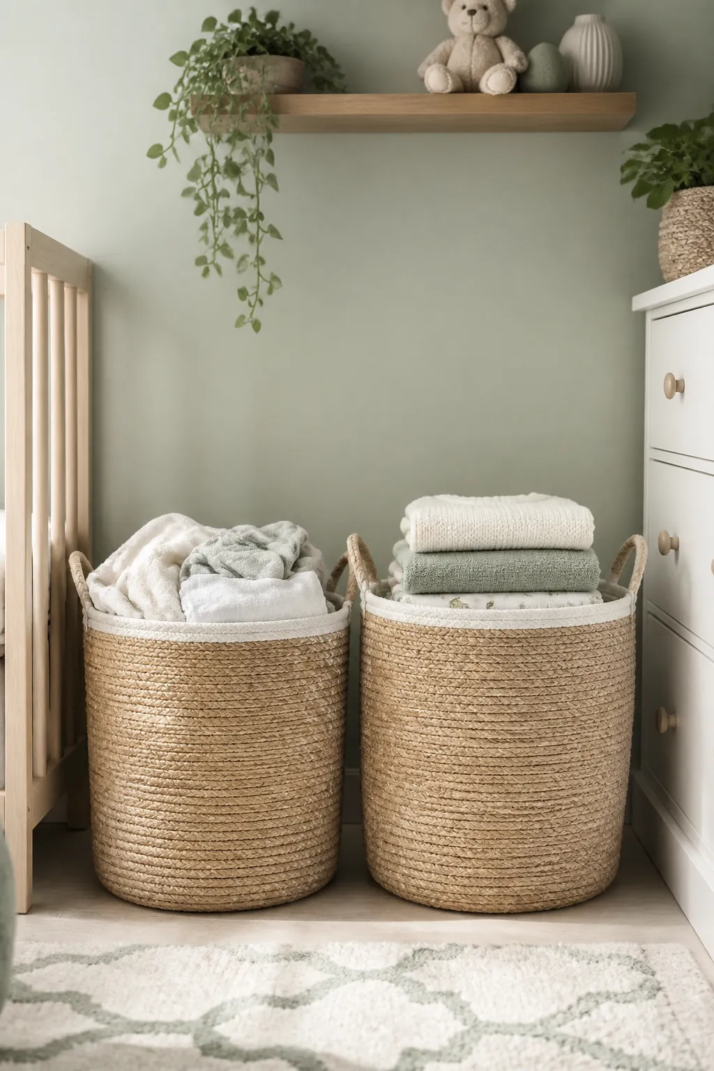 Two large woven baskets on a nursery floor, one with dirty baby laundry and one with clean