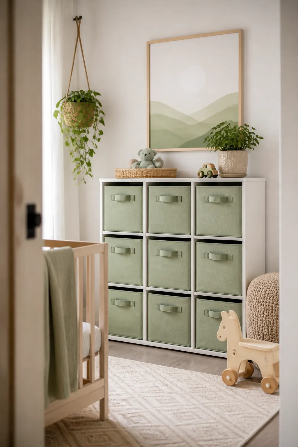 A cube shelf unit with matching labeled fabric bins filling each opening in a nursery