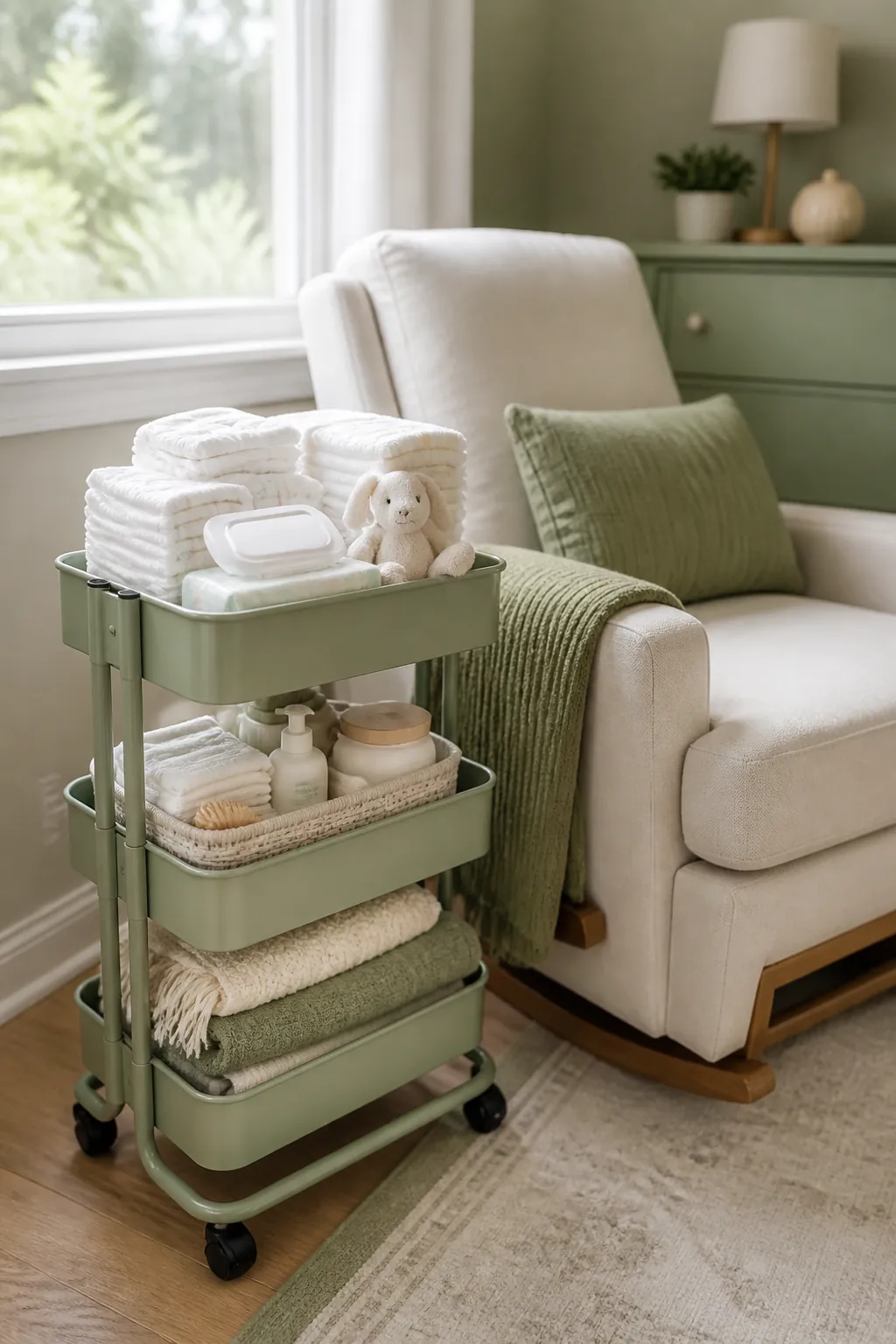 A three-tier rolling cart beside a nursery glider with diapers and wipes on the top tier