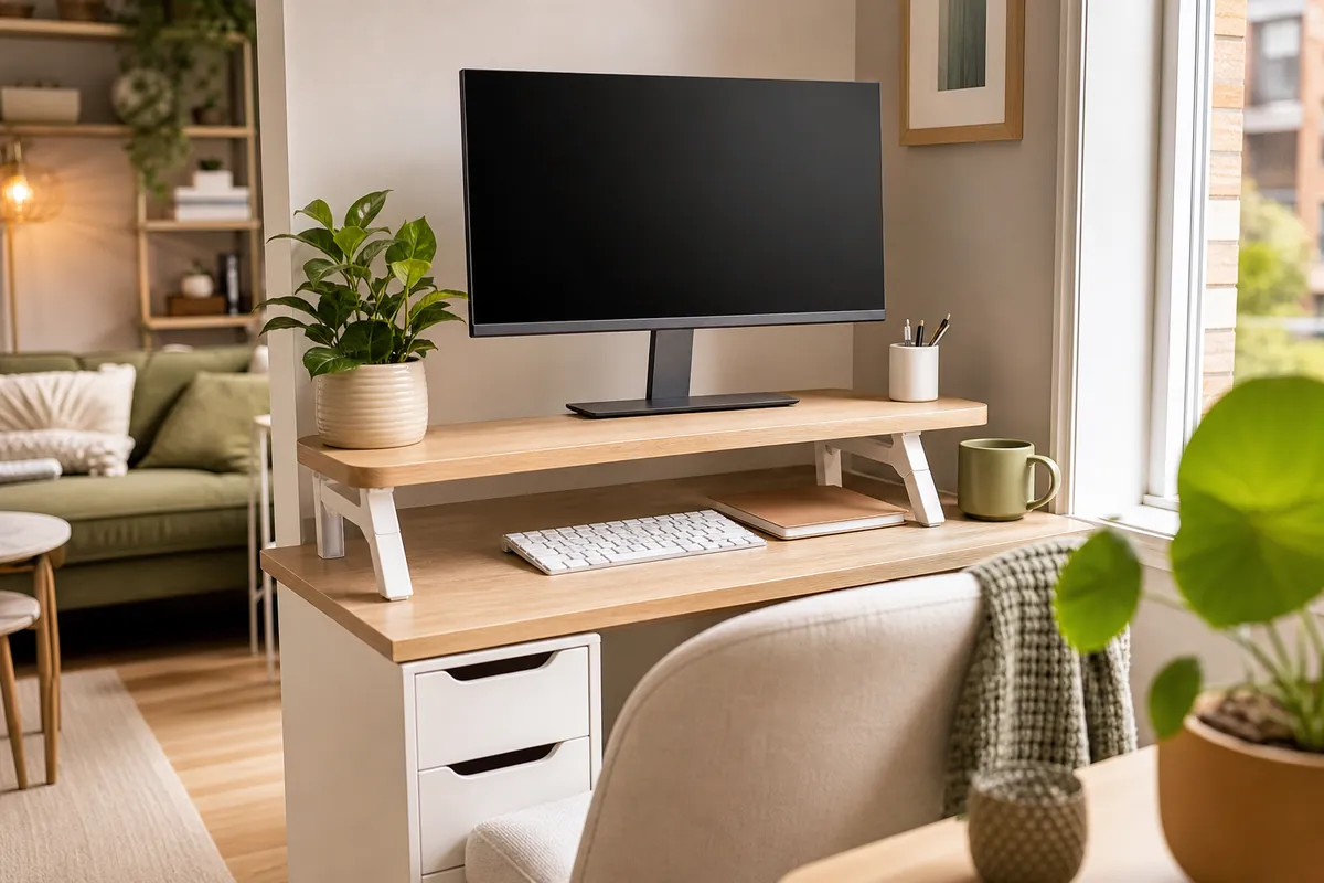 An adjustable shelf raising a monitor above a small desk, with the space underneath holding a notebook and keyboard in a bright apartment corner