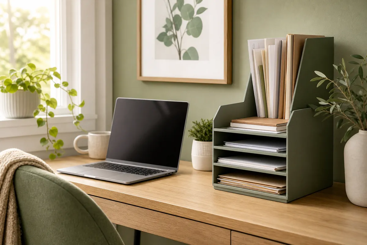 A four-tier desk organizer with a file holder beside a laptop, collecting post and paperwork in one place instead of loose piles