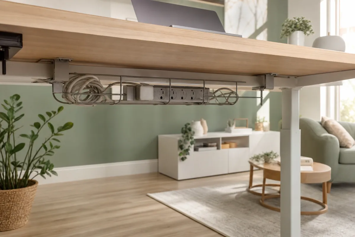A clamp-on cable tray fitted under a desk holding a power strip and cable slack, with clear floor visible underneath