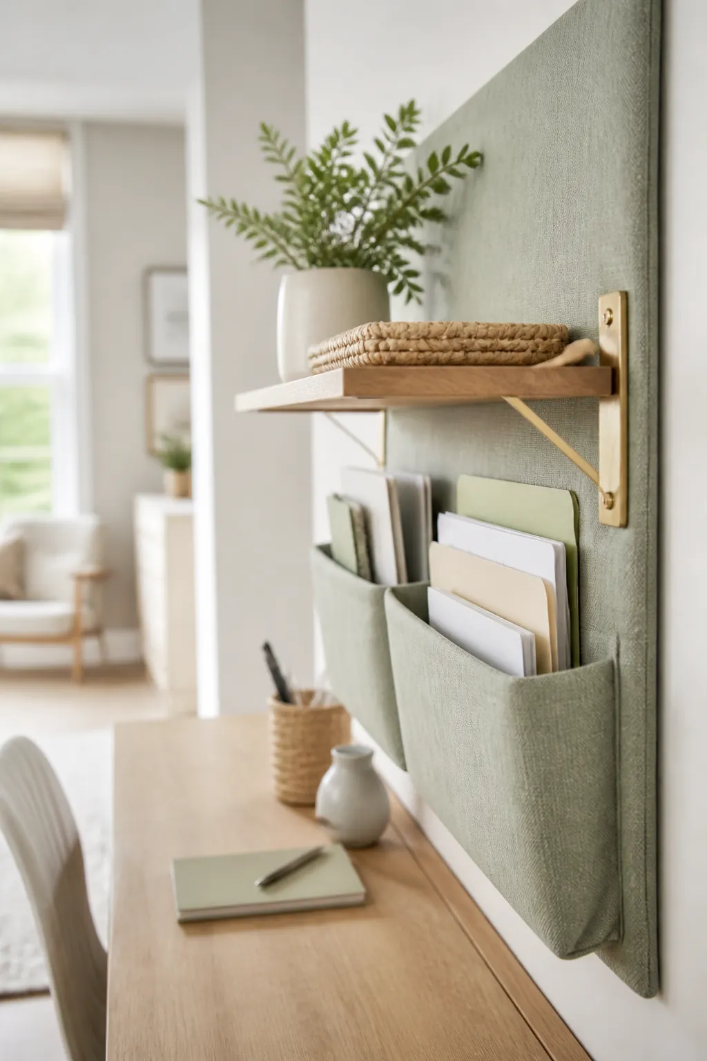 A wall-mounted organizer with pockets holding folders and small supplies above an open desk with no drawers.