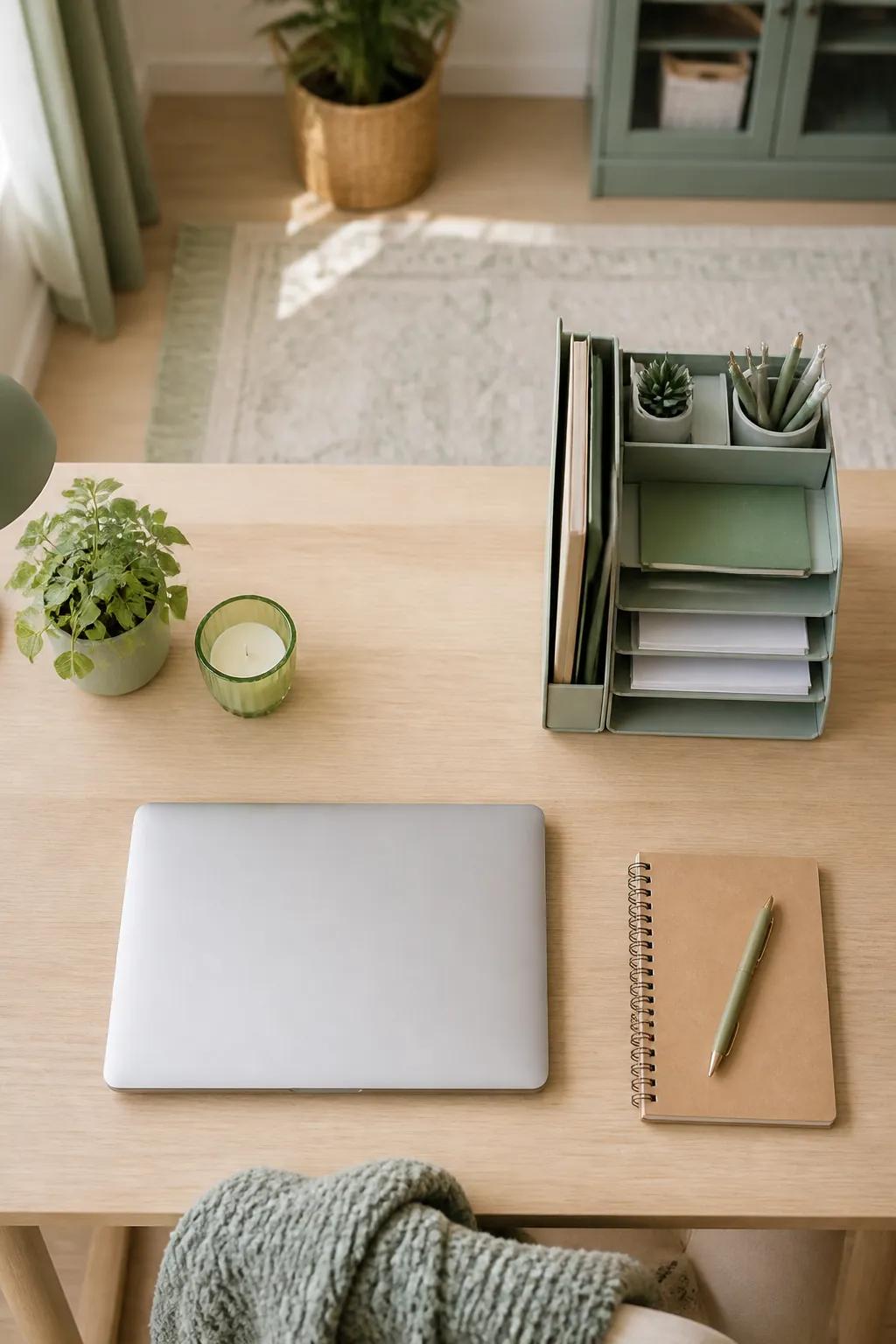 A four-tier desktop organizer with a file holder on the corner of a desk, holding pens and papers.