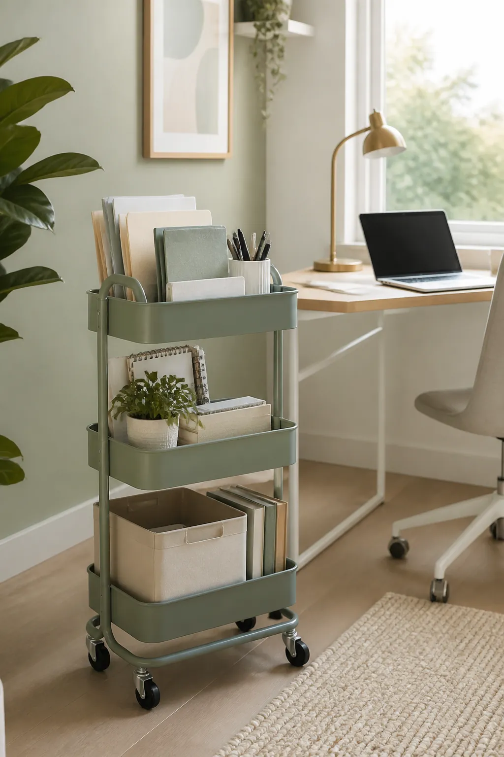 A three-tier rolling cart beside a desk, holding folders and supplies stacked across its three tiers.