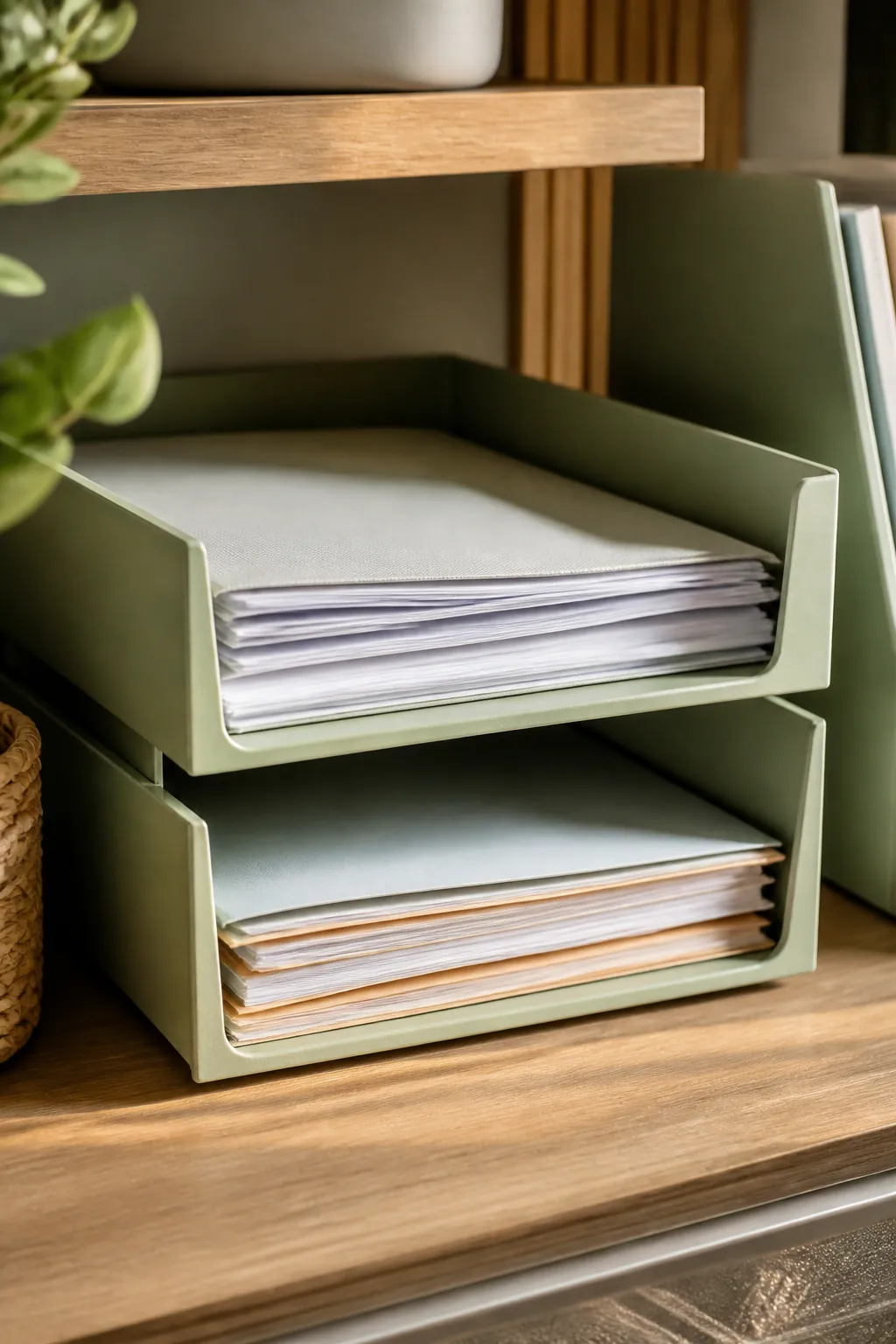 Stacked paper trays on a desk corner holding separate stacks of incoming mail and reference documents.