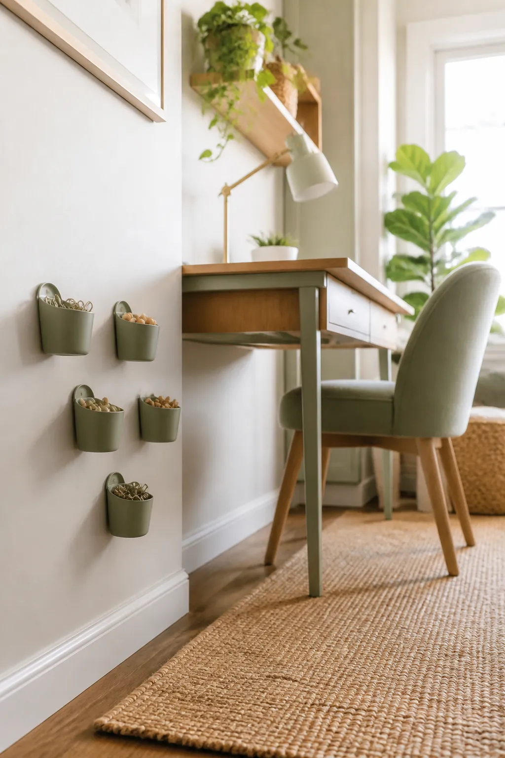 Small adhesive storage cups mounted on a wall beside a desk, each holding paperclips or thumbtacks separately.