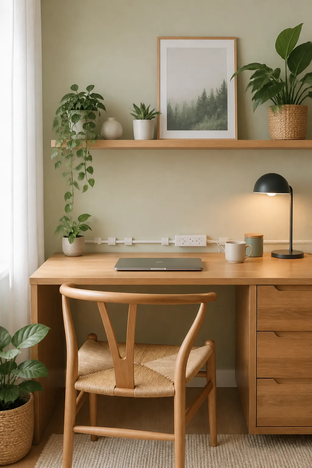 A power strip and cords routed along the back edge of a desk using adhesive clips.