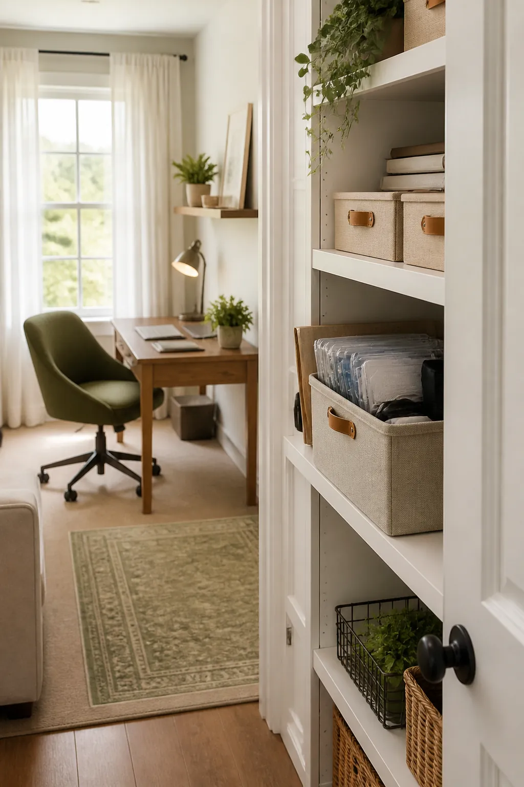 A fabric storage bin on a closet shelf holding rarely used office supplies away from the desk.