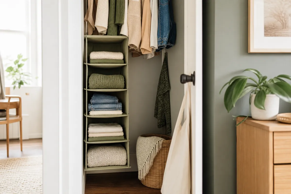 A six shelf hanging fabric organizer filling the empty column under short hanging clothes in a shelfless closet