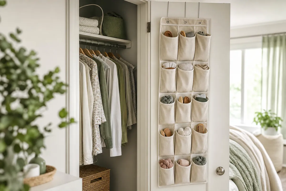 An over-the-door organizer on the inside of a closet door turning the door into a second wall of storage