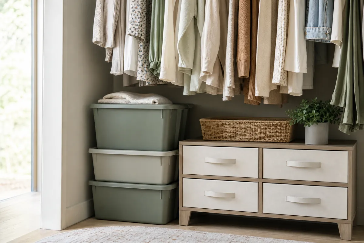 Stacked bins and a low drawer unit on a closet floor providing storage where there are no shelves