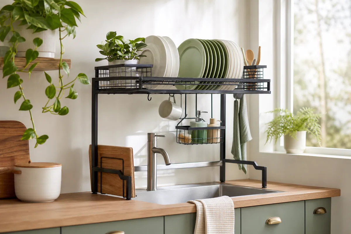 An over-the-sink dish rack spanning the basin so dishes drain above the sink instead of on the counter