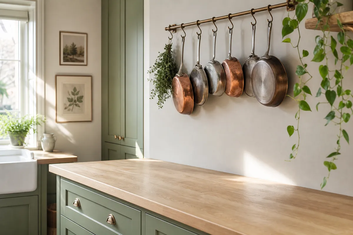 A wall-mounted pot rail with hooks holding pans, keeping the counter below completely clear
