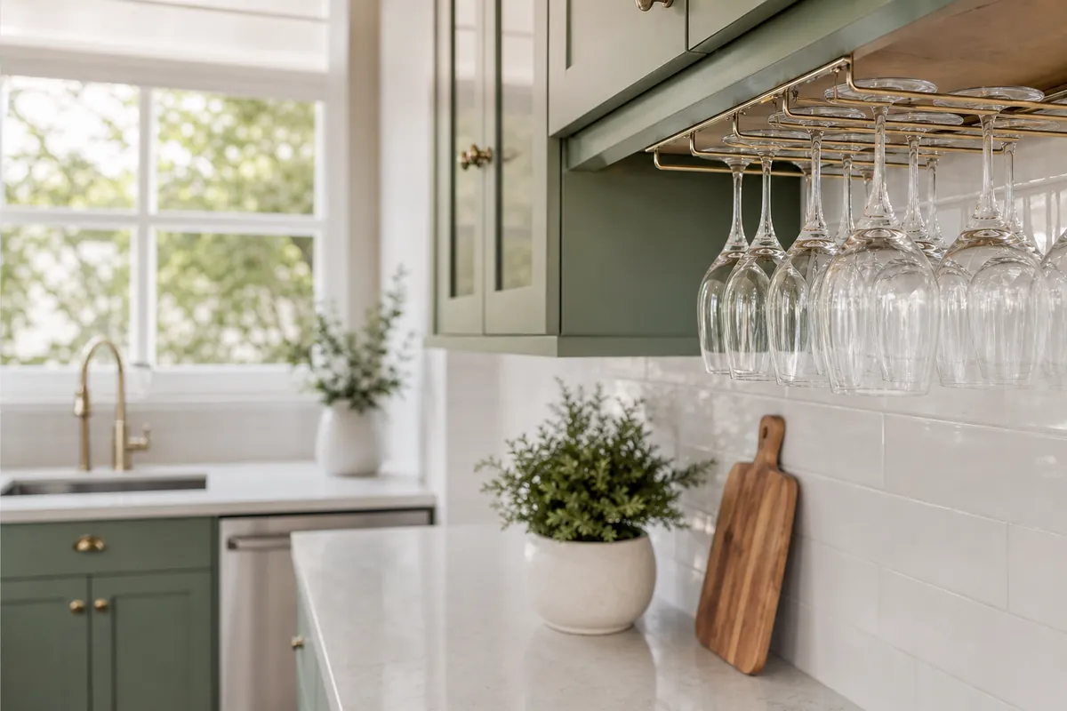 Glasses hanging from an under-cabinet stemware holder, using the underside of the cabinet instead of counter space