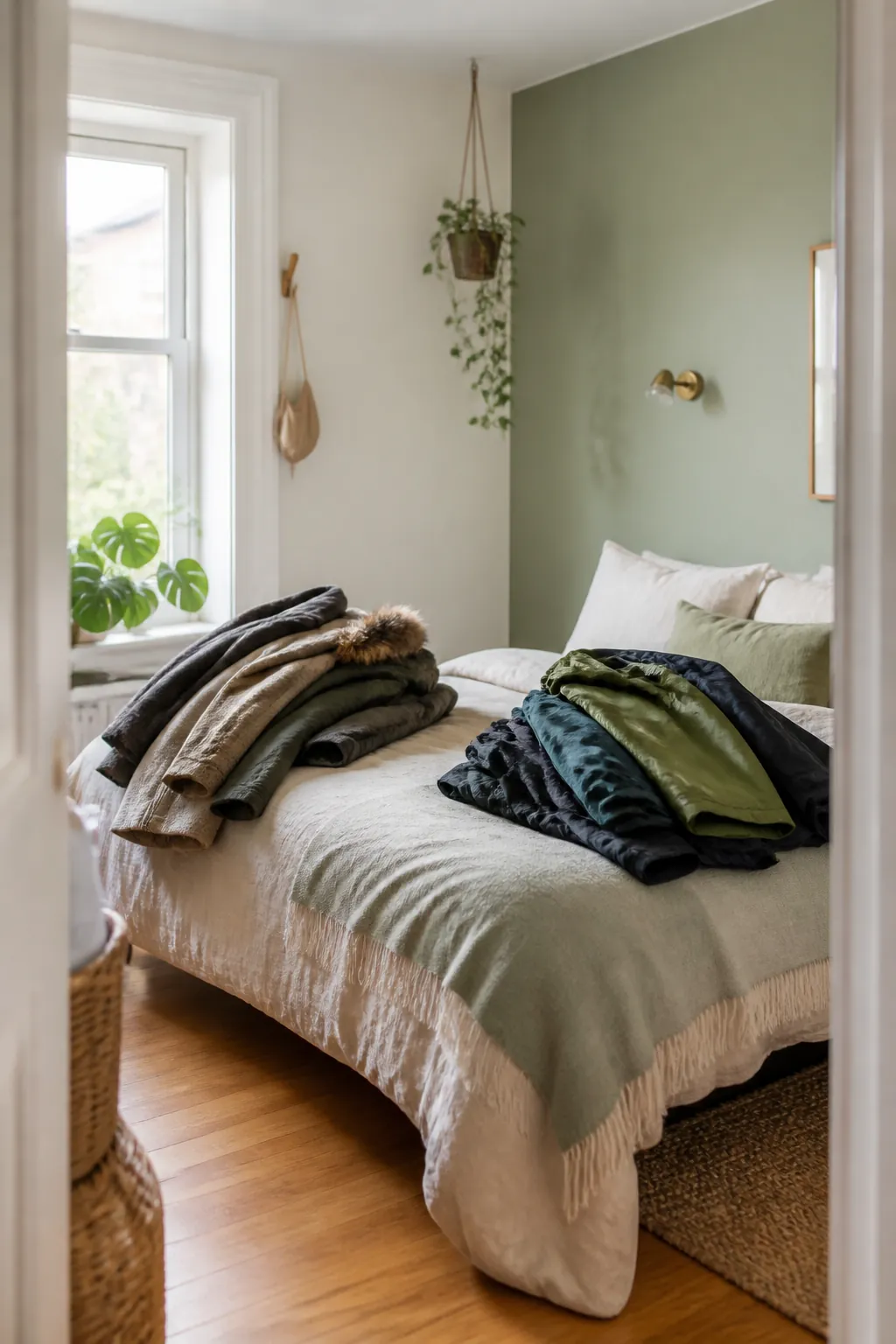 Wool and down coats sorted into one pile on a bed, synthetic rain shells and windbreakers grouped in another.