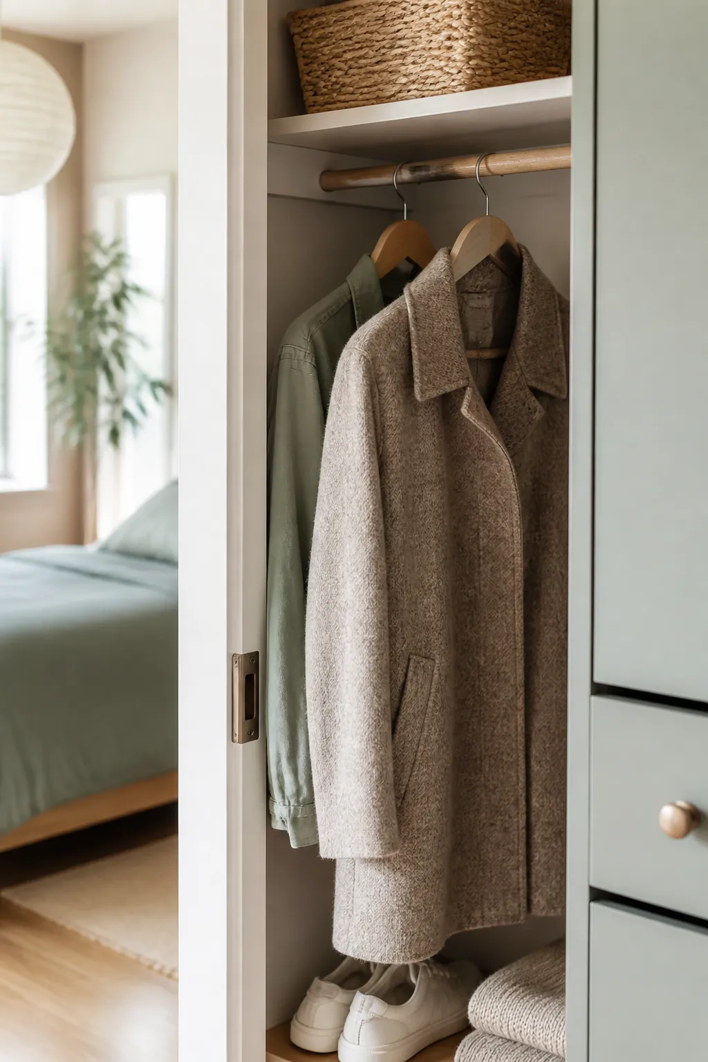 A heavy wool coat and a lightweight jacket hanging side by side on a closet rail during a seasonal changeover.
